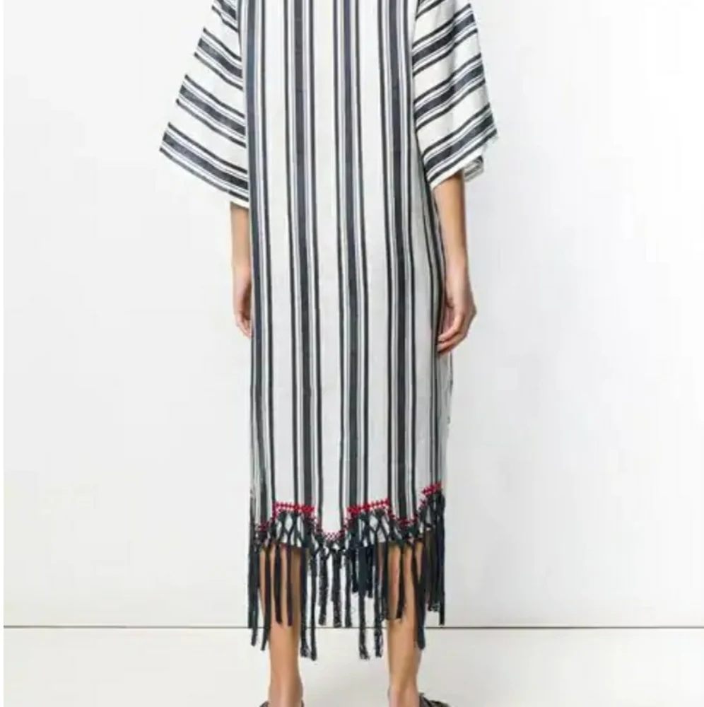 Tory Burch White and Black Striped Maxi Dress with Red Embroidered Hem